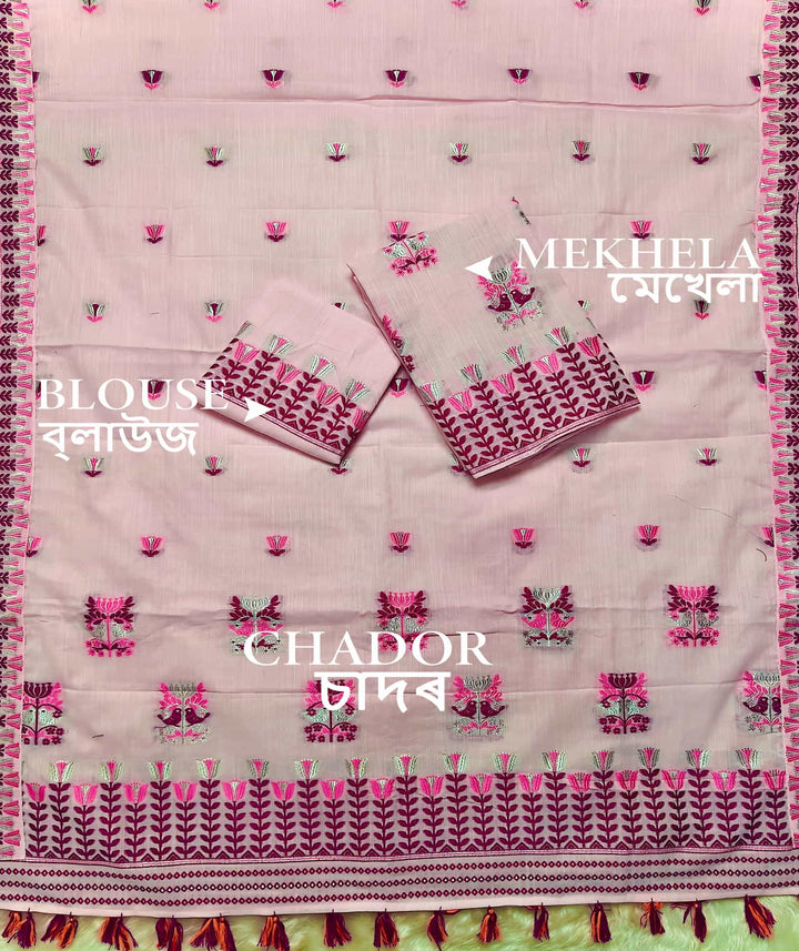 Ready-To-Wear Silver Jari & Dhaga Weaving Work Kesa Cotton* Mekhela Sador