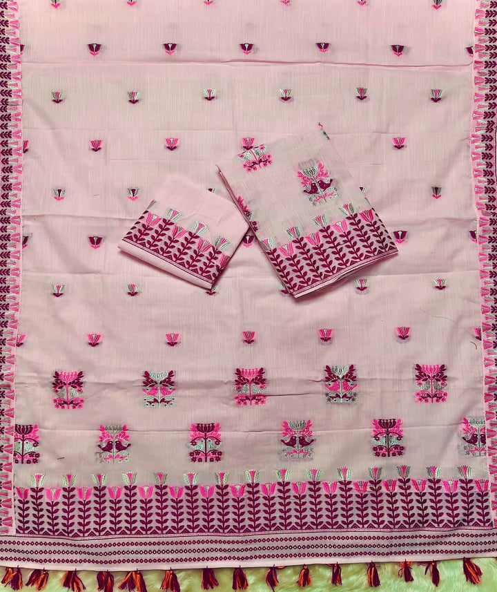 Ready-To-Wear Silver Jari & Dhaga Weaving Work Kesa Cotton* Mekhela Sador