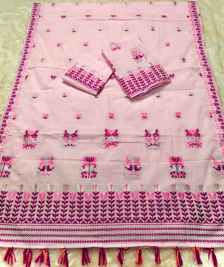 Ready-To-Wear Silver Jari & Dhaga Weaving Work Kesa Cotton* Mekhela Sador