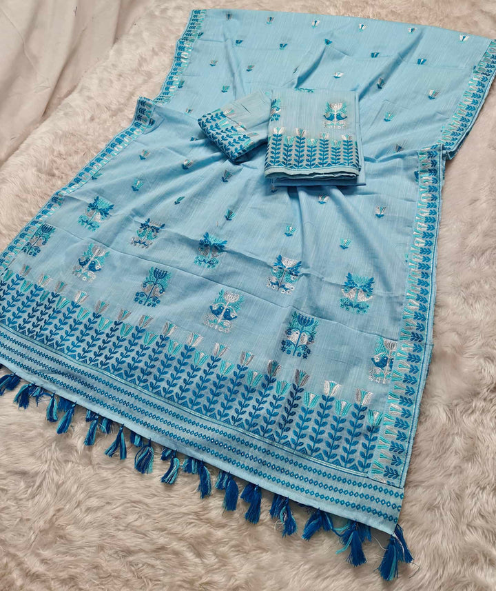 Ready-To-Wear Silver Jari & Dhaga Weaving Work Kesa Cotton* Mekhela Sador