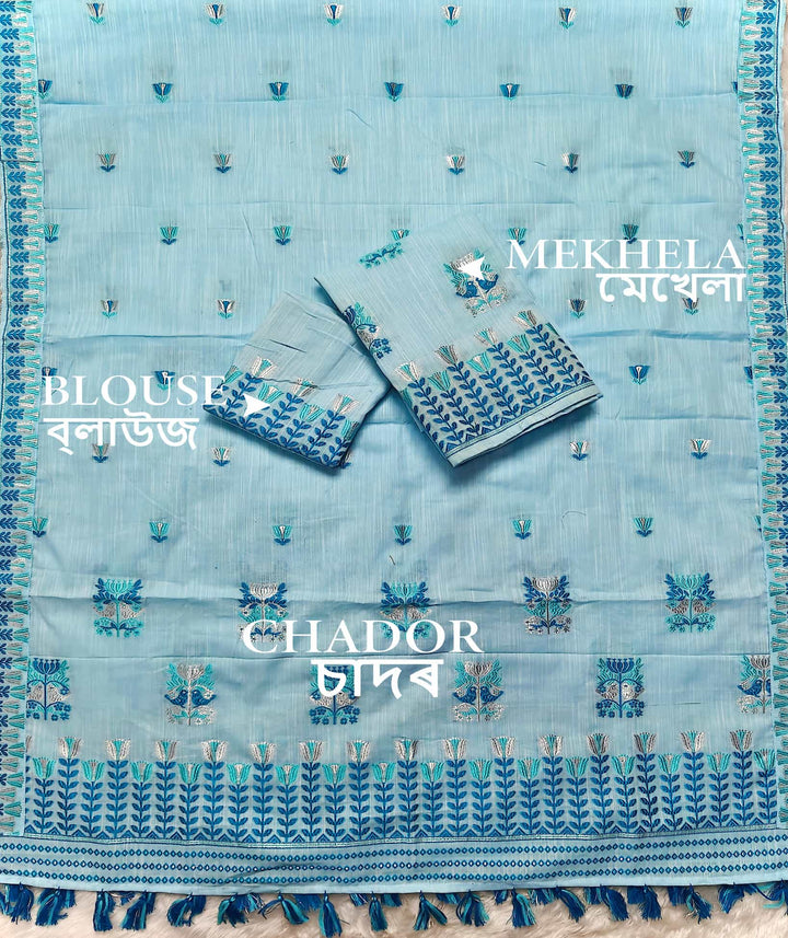 Ready-To-Wear Silver Jari & Dhaga Weaving Work Kesa Cotton* Mekhela Sador