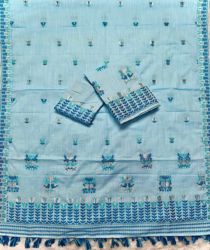 Ready-To-Wear Silver Jari & Dhaga Weaving Work Kesa Cotton* Mekhela Sador