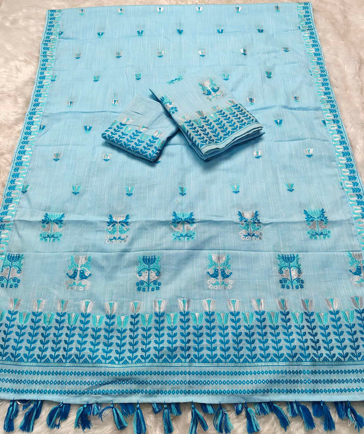 Ready-To-Wear Silver Jari & Dhaga Weaving Work Kesa Cotton* Mekhela Sador