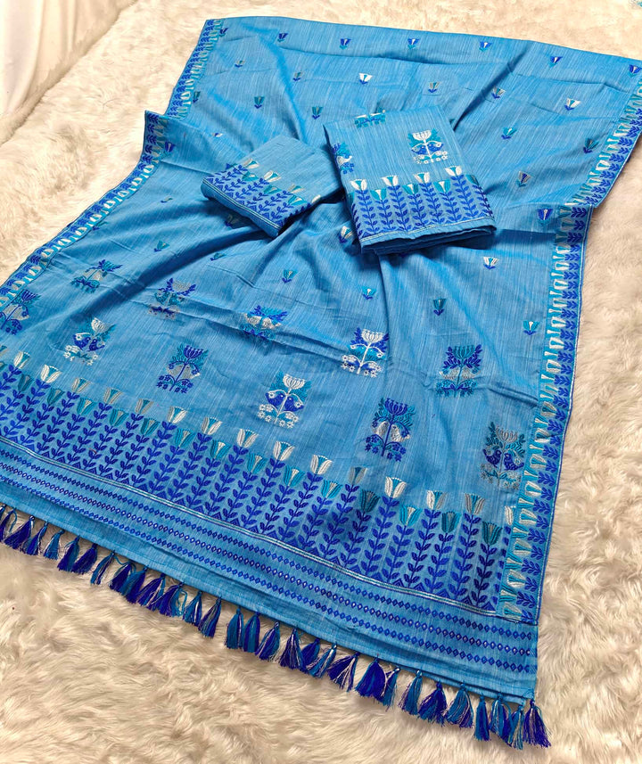 Ready-To-Wear Silver Jari & Dhaga Weaving Work Kesa Cotton* Mekhela Sador