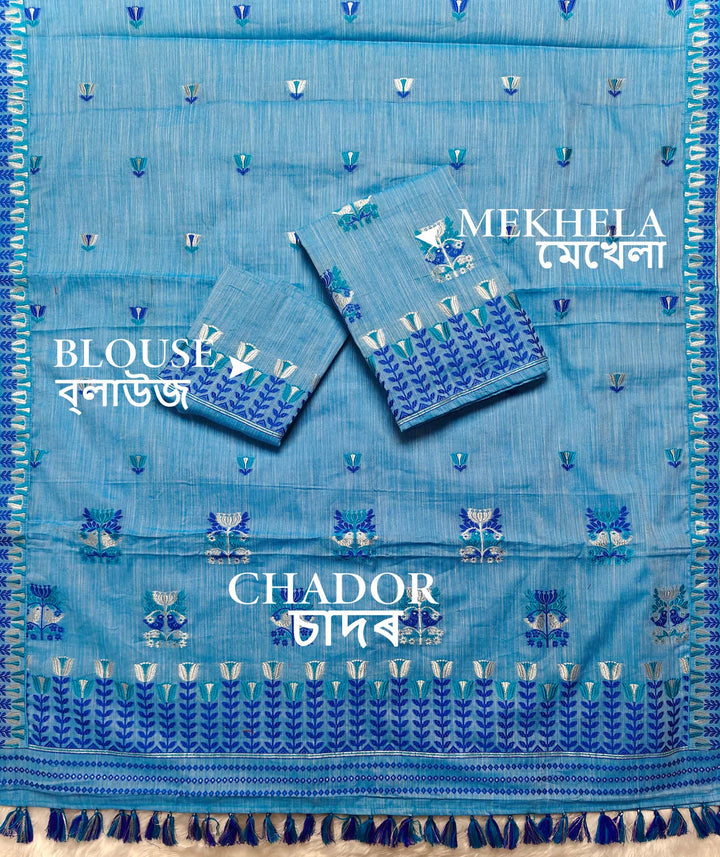 Ready-To-Wear Silver Jari & Dhaga Weaving Work Kesa Cotton* Mekhela Sador