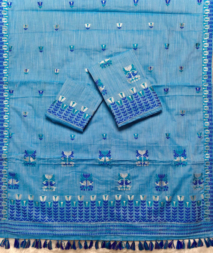 Ready-To-Wear Silver Jari & Dhaga Weaving Work Kesa Cotton* Mekhela Sador