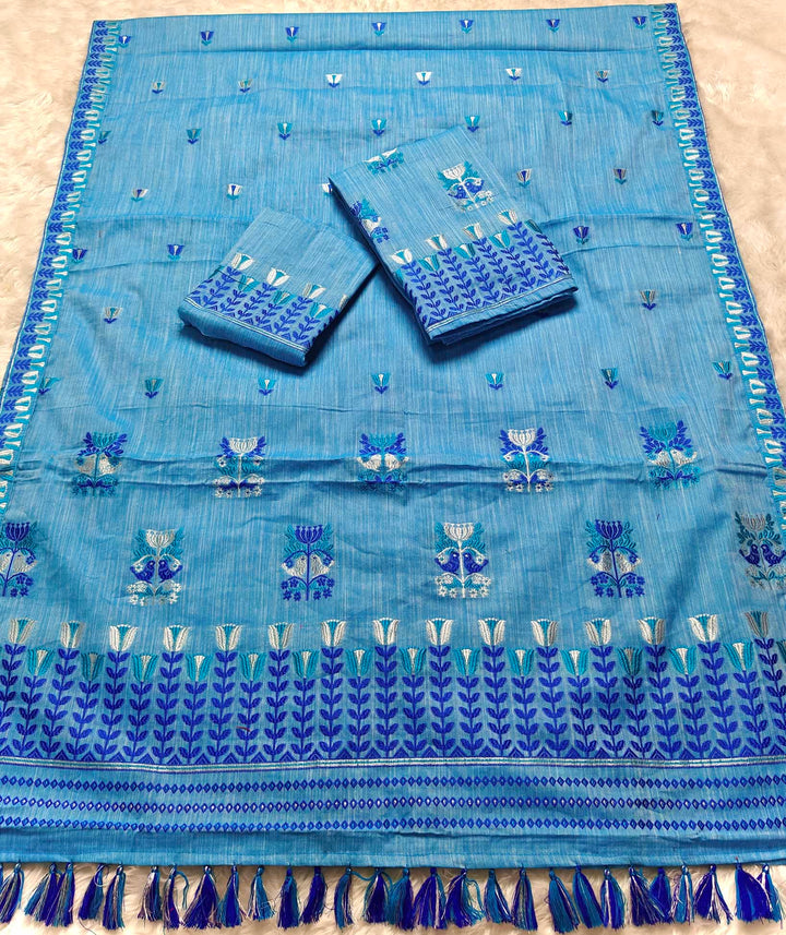 Ready-To-Wear Silver Jari & Dhaga Weaving Work Kesa Cotton* Mekhela Sador