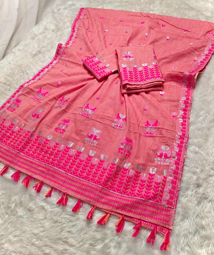Ready-To-Wear Silver Jari & Dhaga Weaving Work Kesa Cotton* Mekhela Sador