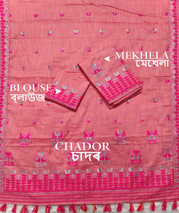 Ready-To-Wear Silver Jari & Dhaga Weaving Work Kesa Cotton* Mekhela Sador