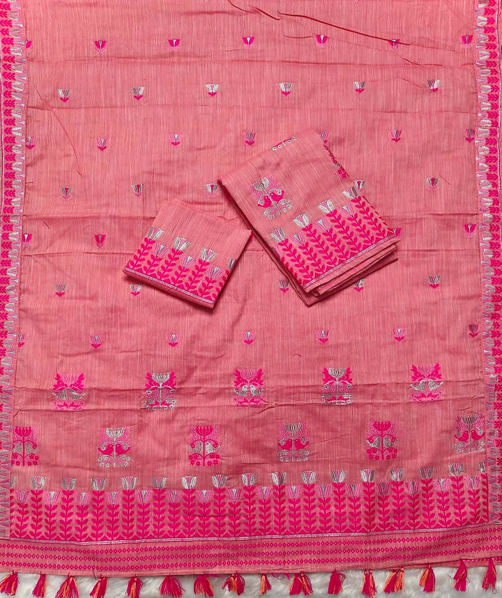 Ready-To-Wear Silver Jari & Dhaga Weaving Work Kesa Cotton* Mekhela Sador