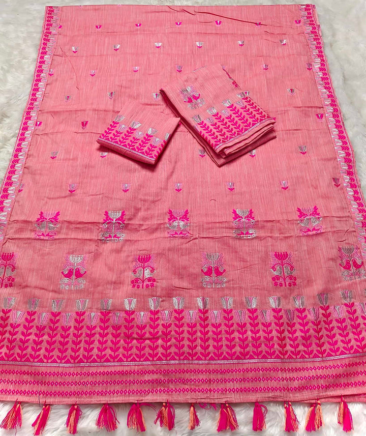 Ready-To-Wear Silver Jari & Dhaga Weaving Work Kesa Cotton* Mekhela Sador