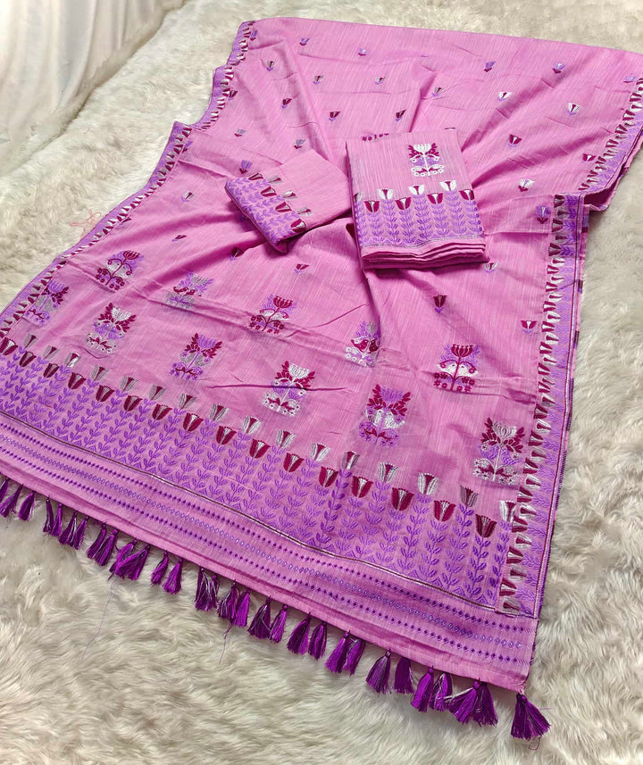 Ready-To-Wear Silver Jari & Dhaga Weaving Work Kesa Cotton* Mekhela Sador