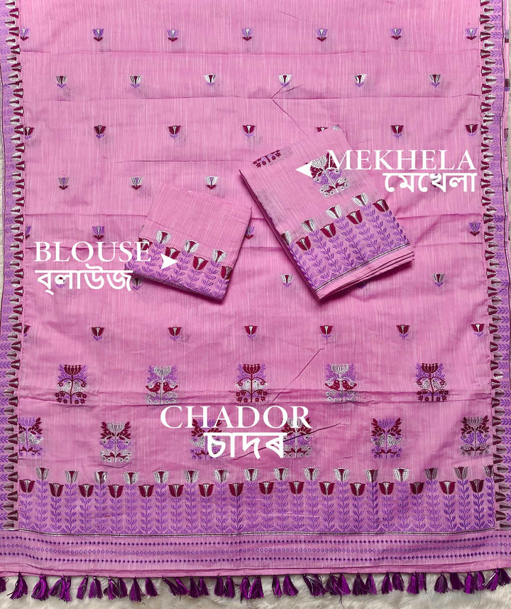 Ready-To-Wear Silver Jari & Dhaga Weaving Work Kesa Cotton* Mekhela Sador