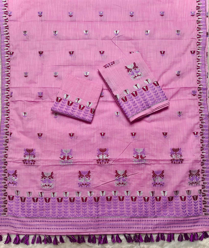 Ready-To-Wear Silver Jari & Dhaga Weaving Work Kesa Cotton* Mekhela Sador