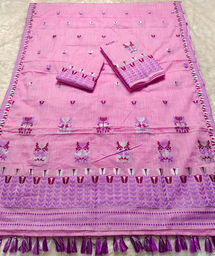 Ready-To-Wear Silver Jari & Dhaga Weaving Work Kesa Cotton* Mekhela Sador