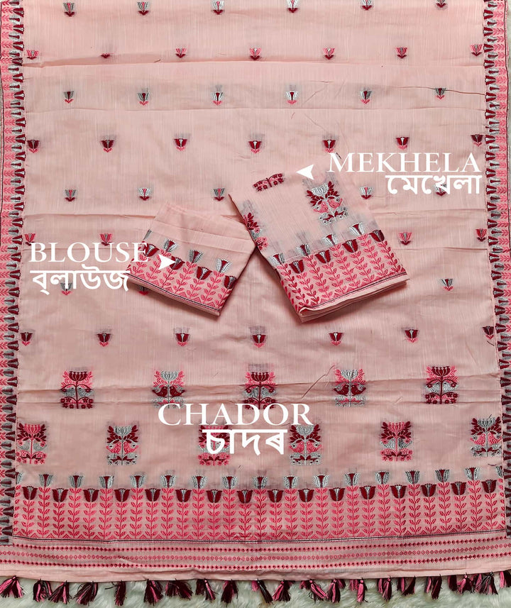 Ready-To-Wear Silver Jari & Dhaga Weaving Work Kesa Cotton* Mekhela Sador
