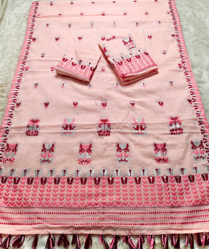 Ready-To-Wear Silver Jari & Dhaga Weaving Work Kesa Cotton* Mekhela Sador