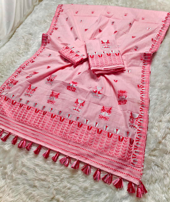 Ready-To-Wear Silver Jari & Dhaga Weaving Work Kesa Cotton* Mekhela Sador