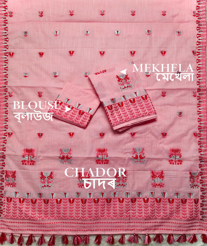 Ready-To-Wear Silver Jari & Dhaga Weaving Work Kesa Cotton* Mekhela Sador