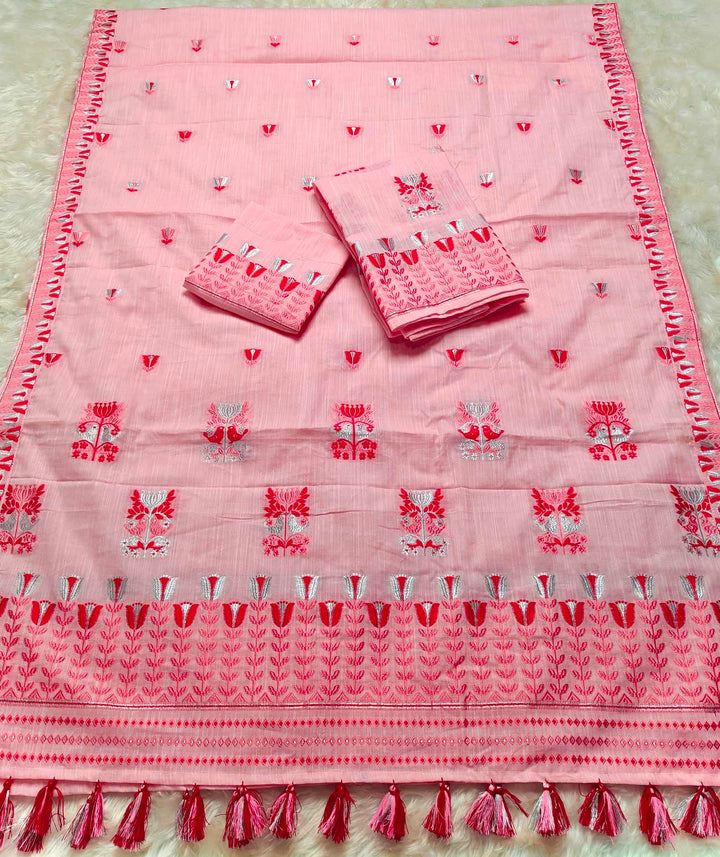 Ready-To-Wear Silver Jari & Dhaga Weaving Work Kesa Cotton* Mekhela Sador