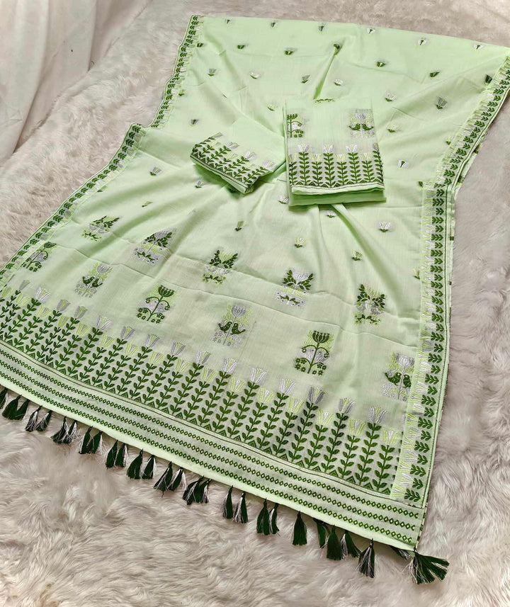 Ready-To-Wear Silver Jari & Dhaga Weaving Work Kesa Cotton* Mekhela Sador