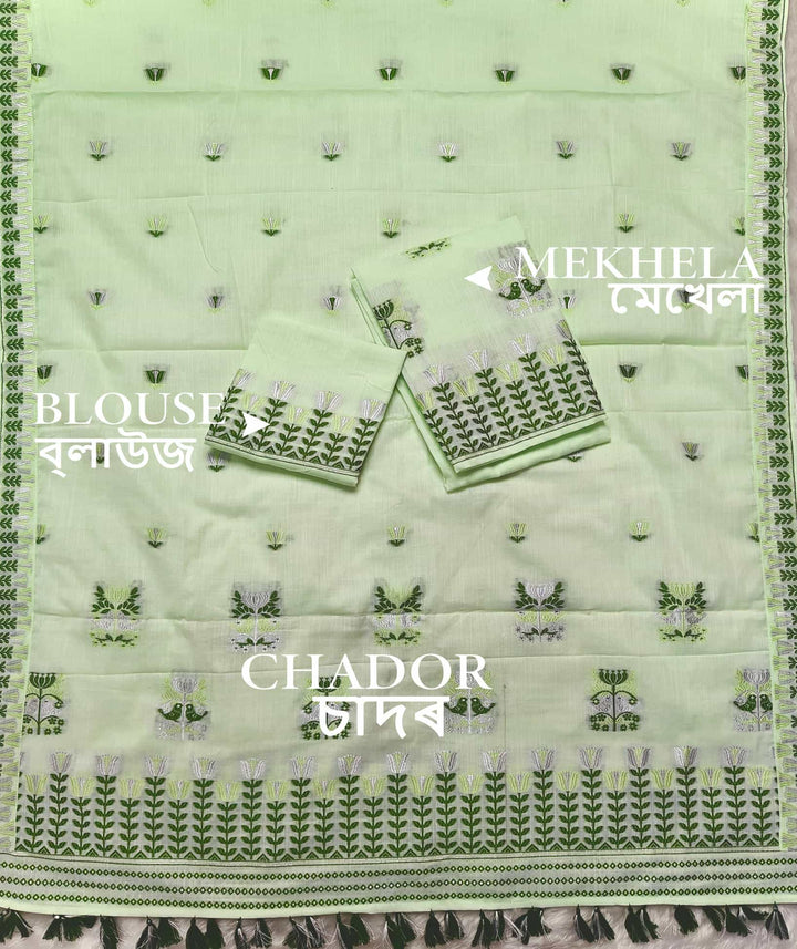 Ready-To-Wear Silver Jari & Dhaga Weaving Work Kesa Cotton* Mekhela Sador