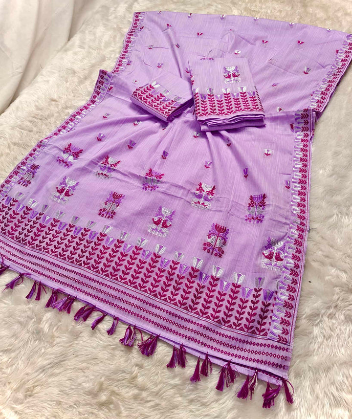 Ready-To-Wear Silver Jari & Dhaga Weaving Work Kesa Cotton* Mekhela Sador