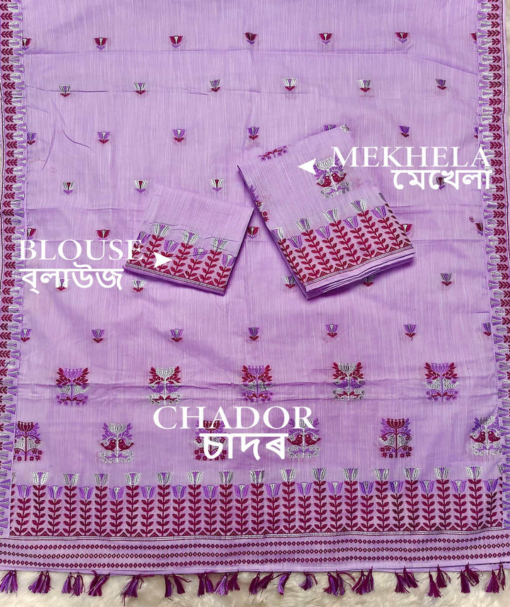 Ready-To-Wear Silver Jari & Dhaga Weaving Work Kesa Cotton* Mekhela Sador