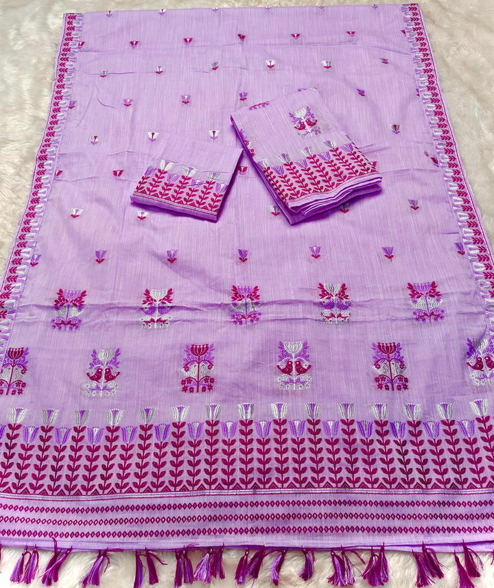 Ready-To-Wear Silver Jari & Dhaga Weaving Work Kesa Cotton* Mekhela Sador