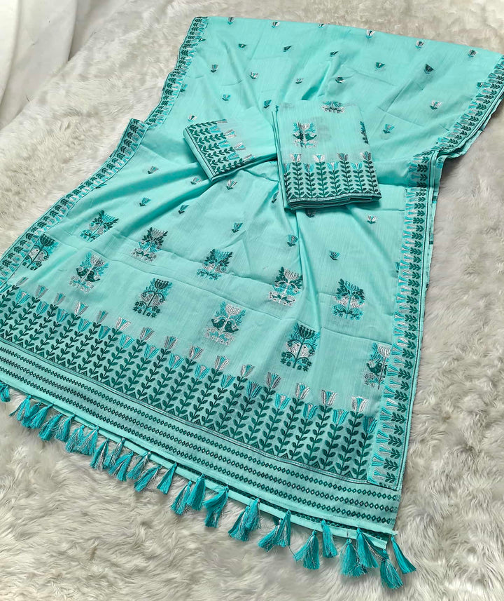 Ready-To-Wear Silver Jari & Dhaga Weaving Work Kesa Cotton* Mekhela Sador