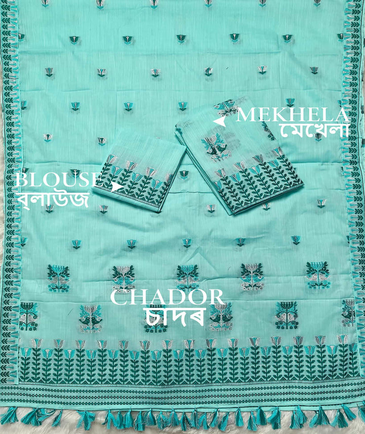 Ready-To-Wear Silver Jari & Dhaga Weaving Work Kesa Cotton* Mekhela Sador