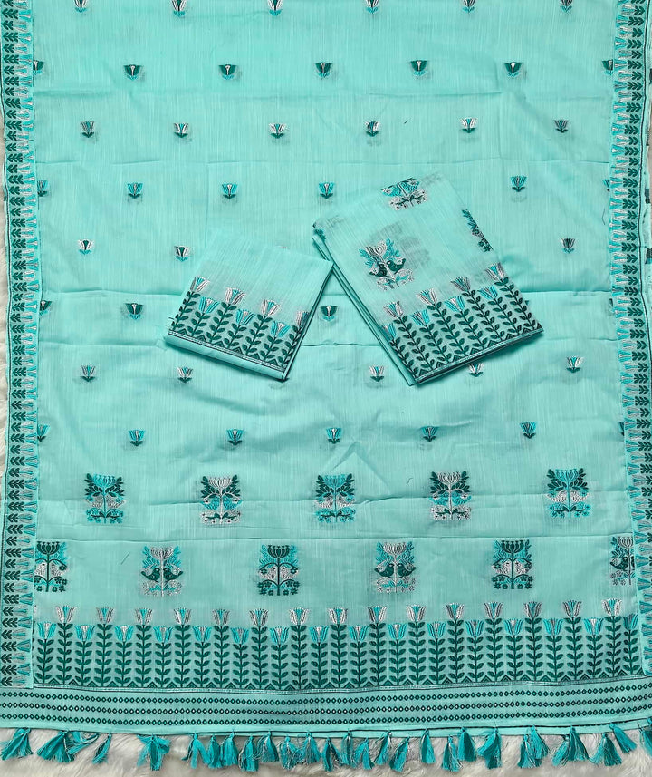 Ready-To-Wear Silver Jari & Dhaga Weaving Work Kesa Cotton* Mekhela Sador
