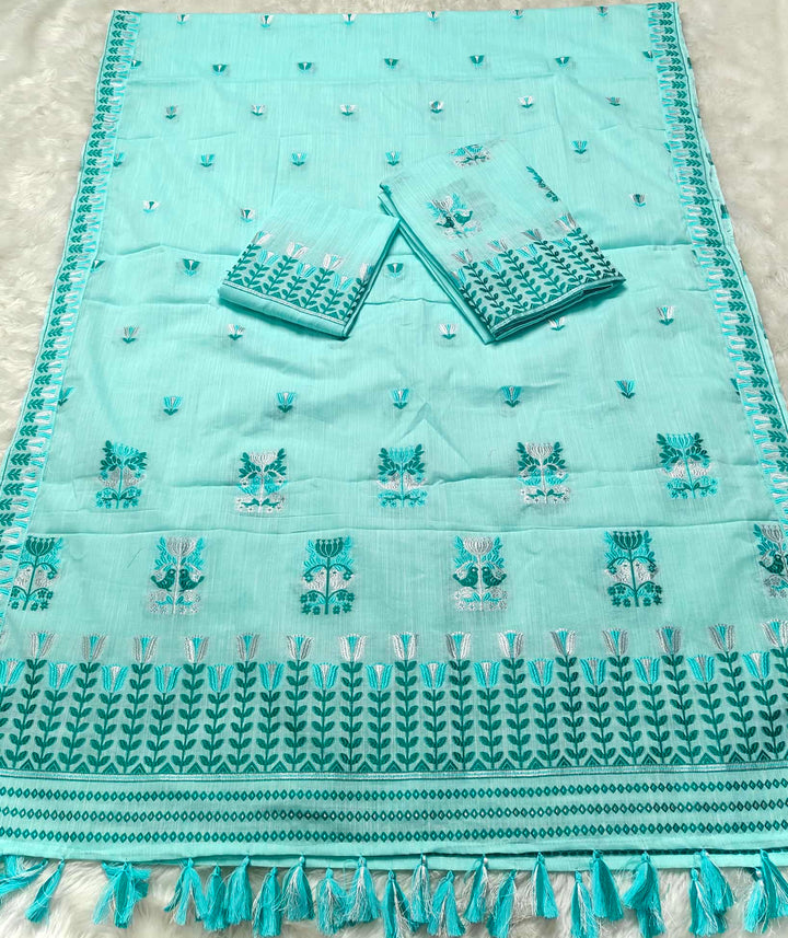 Ready-To-Wear Silver Jari & Dhaga Weaving Work Kesa Cotton* Mekhela Sador