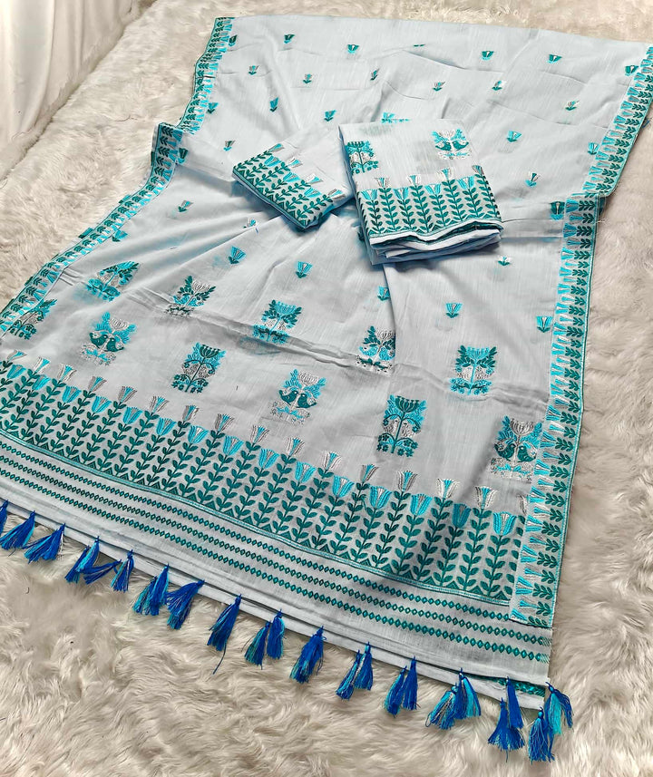 Ready-To-Wear Silver Jari & Dhaga Weaving Work Kesa Cotton* Mekhela Sador