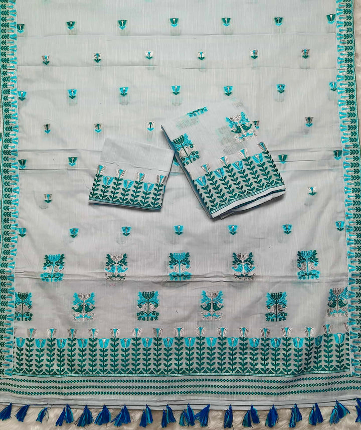 Ready-To-Wear Silver Jari & Dhaga Weaving Work Kesa Cotton* Mekhela Sador