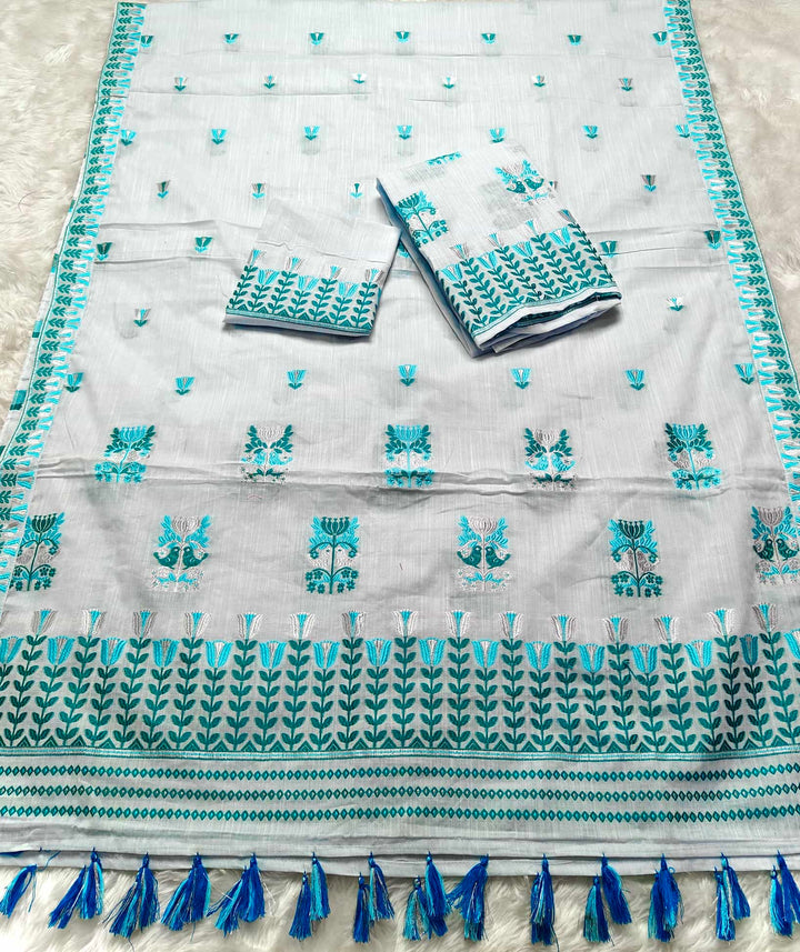 Ready-To-Wear Silver Jari & Dhaga Weaving Work Kesa Cotton* Mekhela Sador