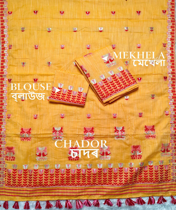 Ready-To-Wear Silver Jari & Dhaga Weaving Work Kesa Cotton* Mekhela Sador