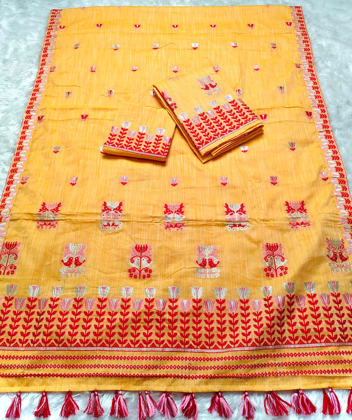 Ready-To-Wear Silver Jari & Dhaga Weaving Work Kesa Cotton* Mekhela Sador