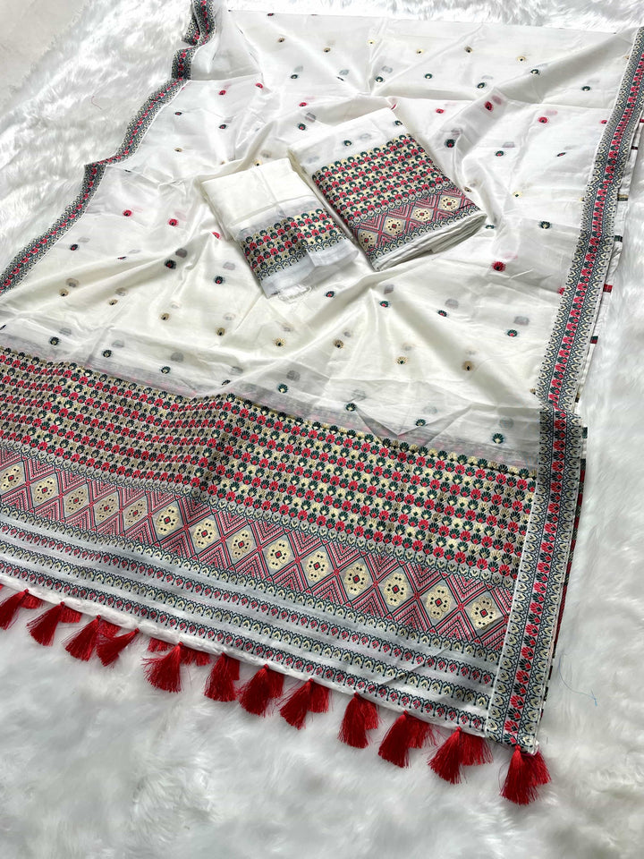 Weaving White Dhaga-Jari Work Work AC Cotton* Mekhela Sador