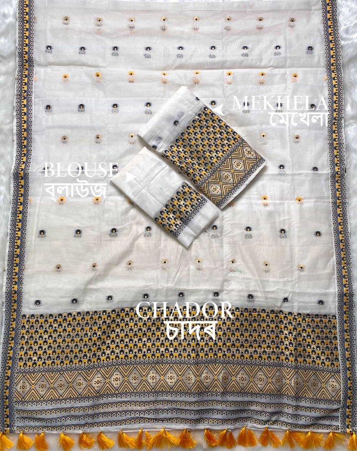 Weaving White Dhaga-Jari Work Work AC Cotton* Mekhela Sador