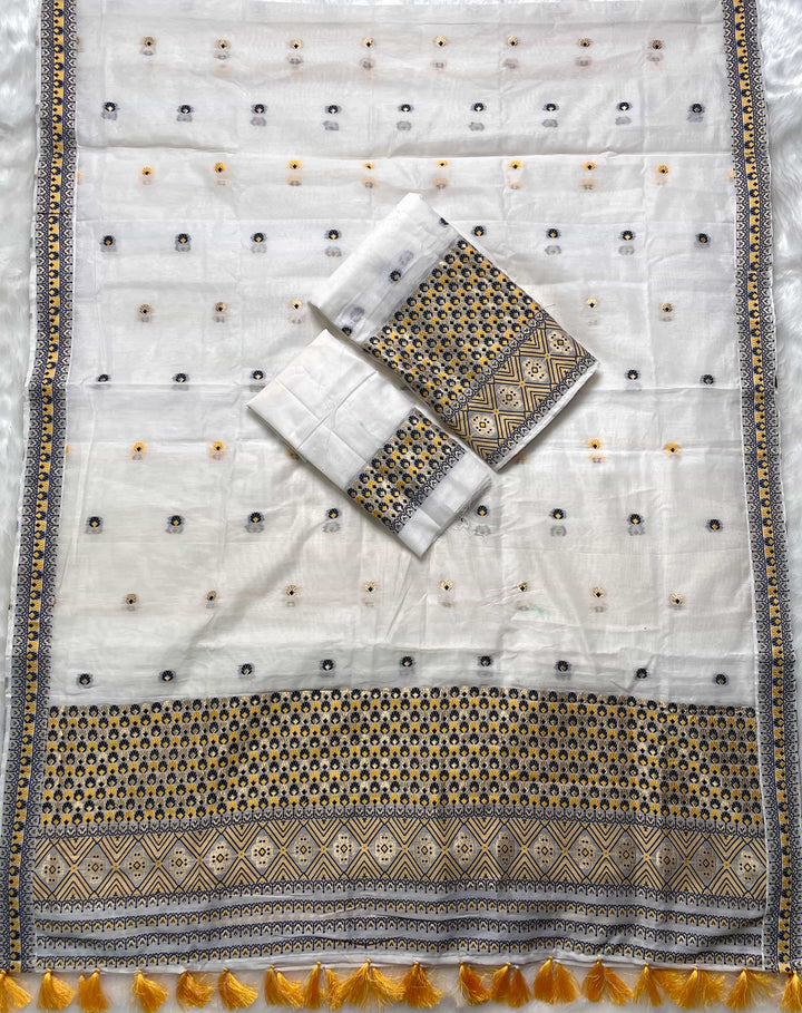 Weaving White Dhaga-Jari Work Work AC Cotton* Mekhela Sador