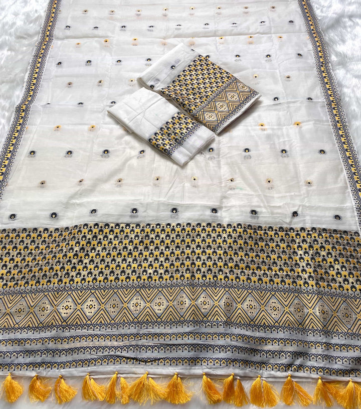 Weaving White Dhaga-Jari Work Work AC Cotton* Mekhela Sador