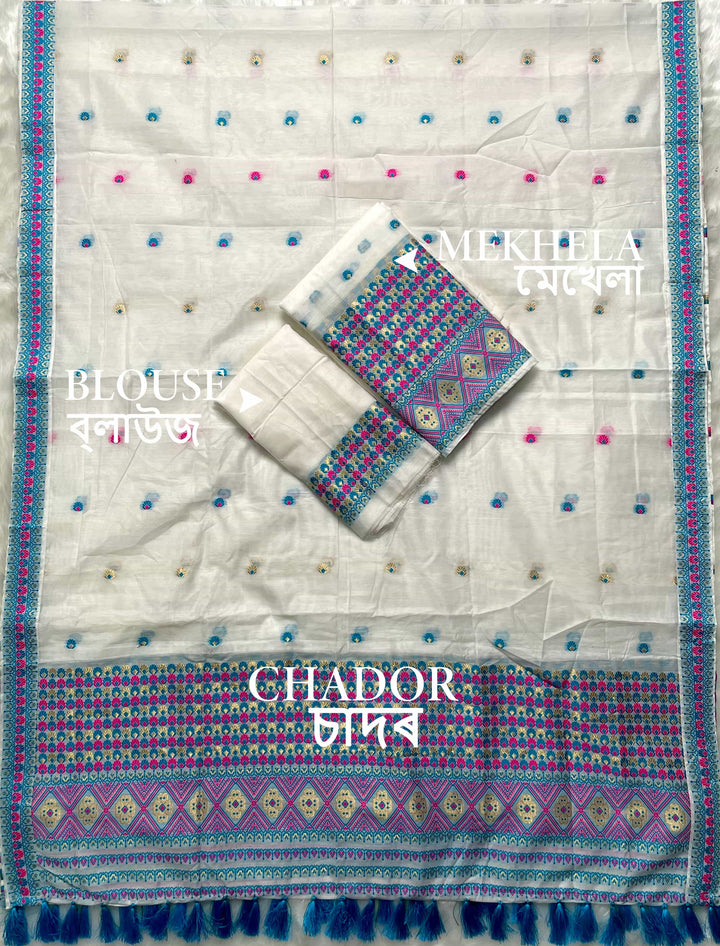 Weaving White Dhaga-Jari Work Work AC Cotton* Mekhela Sador