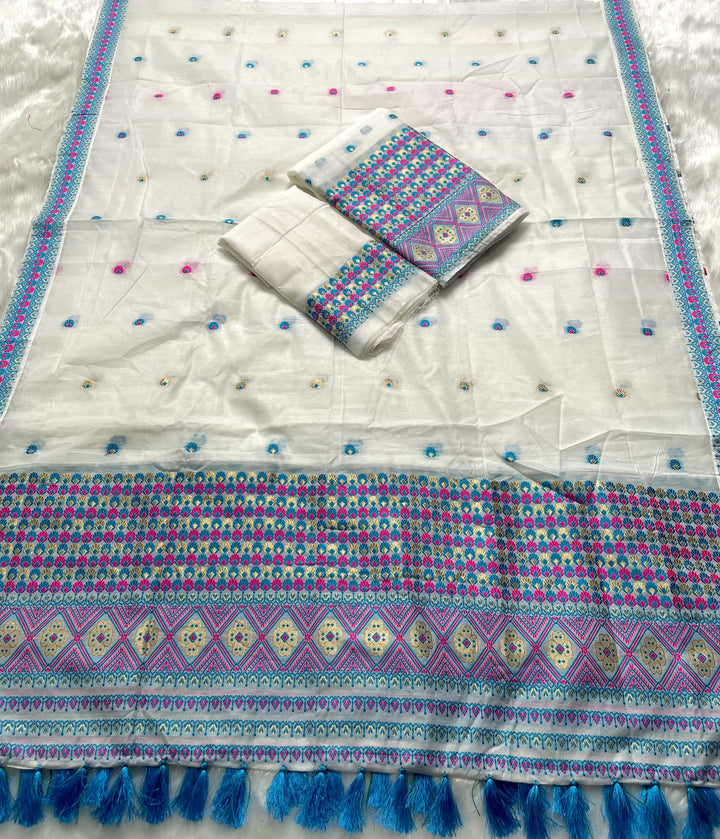 Weaving White Dhaga-Jari Work Work AC Cotton* Mekhela Sador
