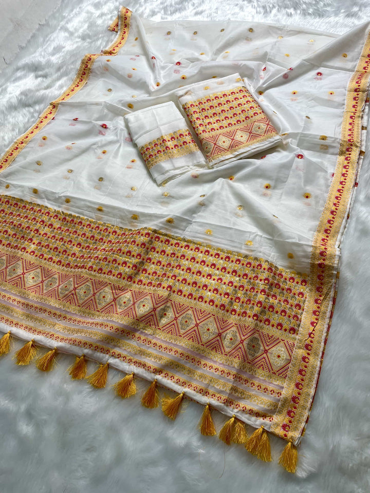 Weaving White Dhaga-Jari Work Work AC Cotton* Mekhela Sador