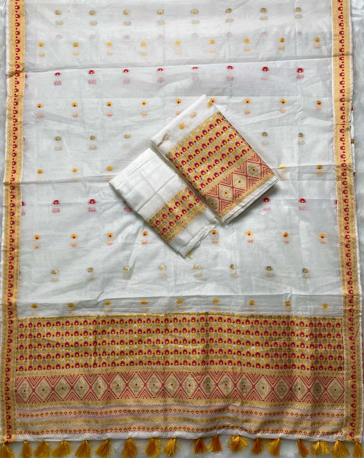 Weaving White Dhaga-Jari Work Work AC Cotton* Mekhela Sador