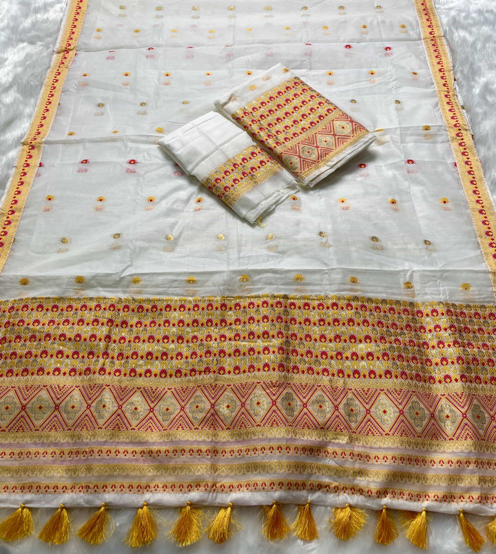 Weaving White Dhaga-Jari Work Work AC Cotton* Mekhela Sador