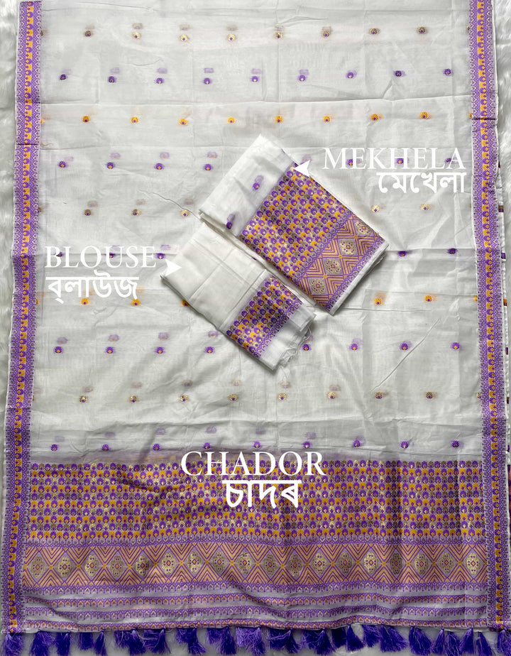 Weaving White Dhaga-Jari Work Work AC Cotton* Mekhela Sador