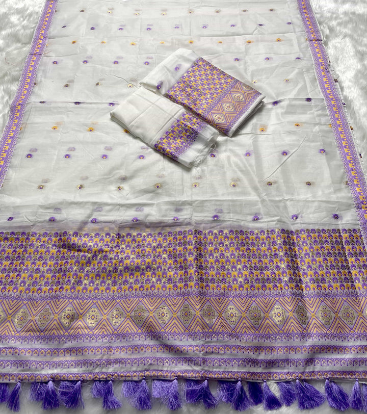 Weaving White Dhaga-Jari Work Work AC Cotton* Mekhela Sador