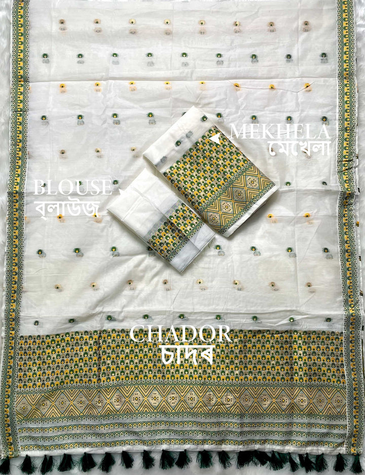 Weaving White Dhaga-Jari Work Work AC Cotton* Mekhela Sador